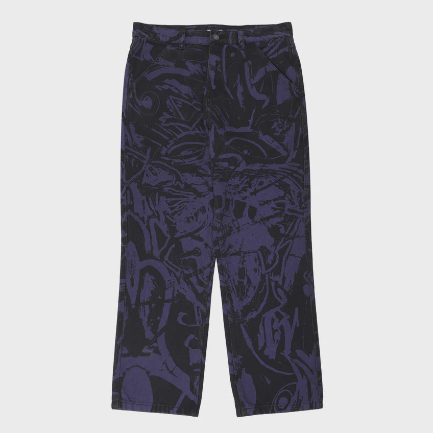 Dark blue pants with a pattern on a light gray background