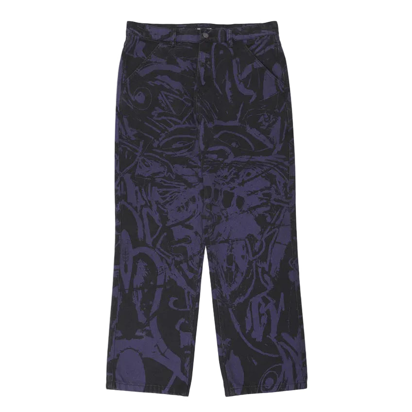 Dark blue pants with a pattern on a light gray background