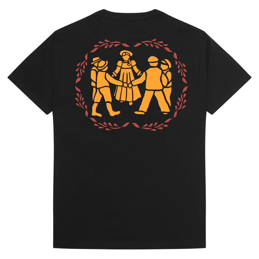 Black t-shirt with orange graphic of three figures and a wreath on the back