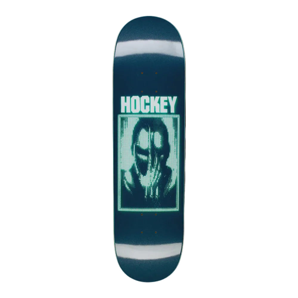 A hockey deck skateboard shown vertically against a solid black background. The deck features a dark teal-blue graphic with the word 'HOCKEY' in light teal above a stylized hockey mask graphic in the same teal color.