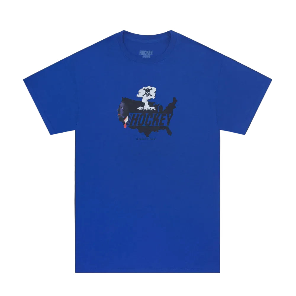 A royal blue short-sleeve t-shirt with a graphic on the chest showing a nuclear explosion over a map of the United States, with the word 'HOCKEY' in dark blue text and a hockey stick detail. The brand 'Hockey Club' is visible printed inside the collar.