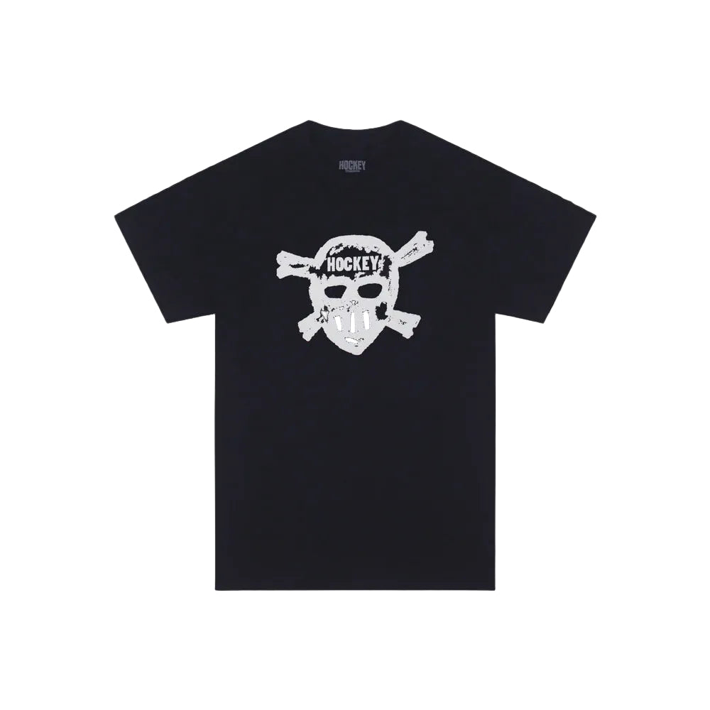 A black short-sleeve t-shirt with a distressed white graphic of a hockey skull and crossbones on the chest, displayed against a solid black background.
