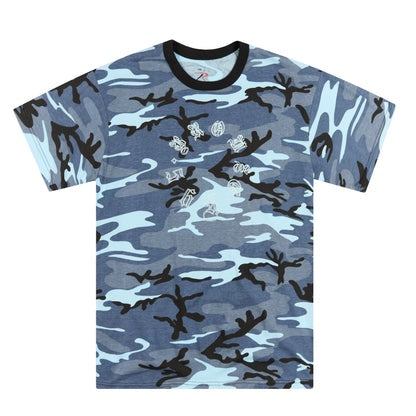 Blue camouflage t-shirt with black accents on a white background