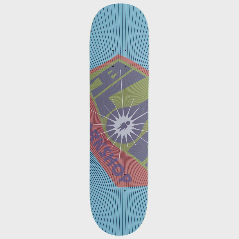 Skateboard deck with colorful design on a white background