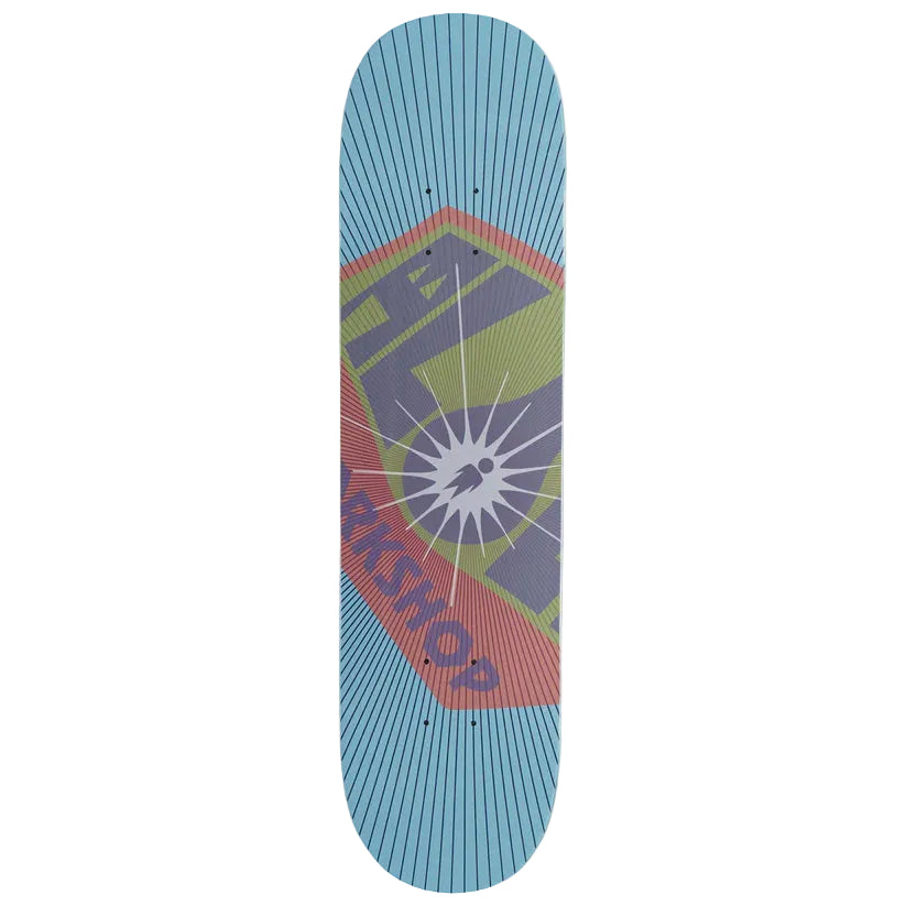 Skateboard deck with colorful design on a white background