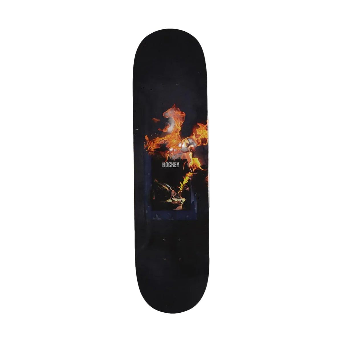 Skateboard deck with fiery graphic design on a light gray background