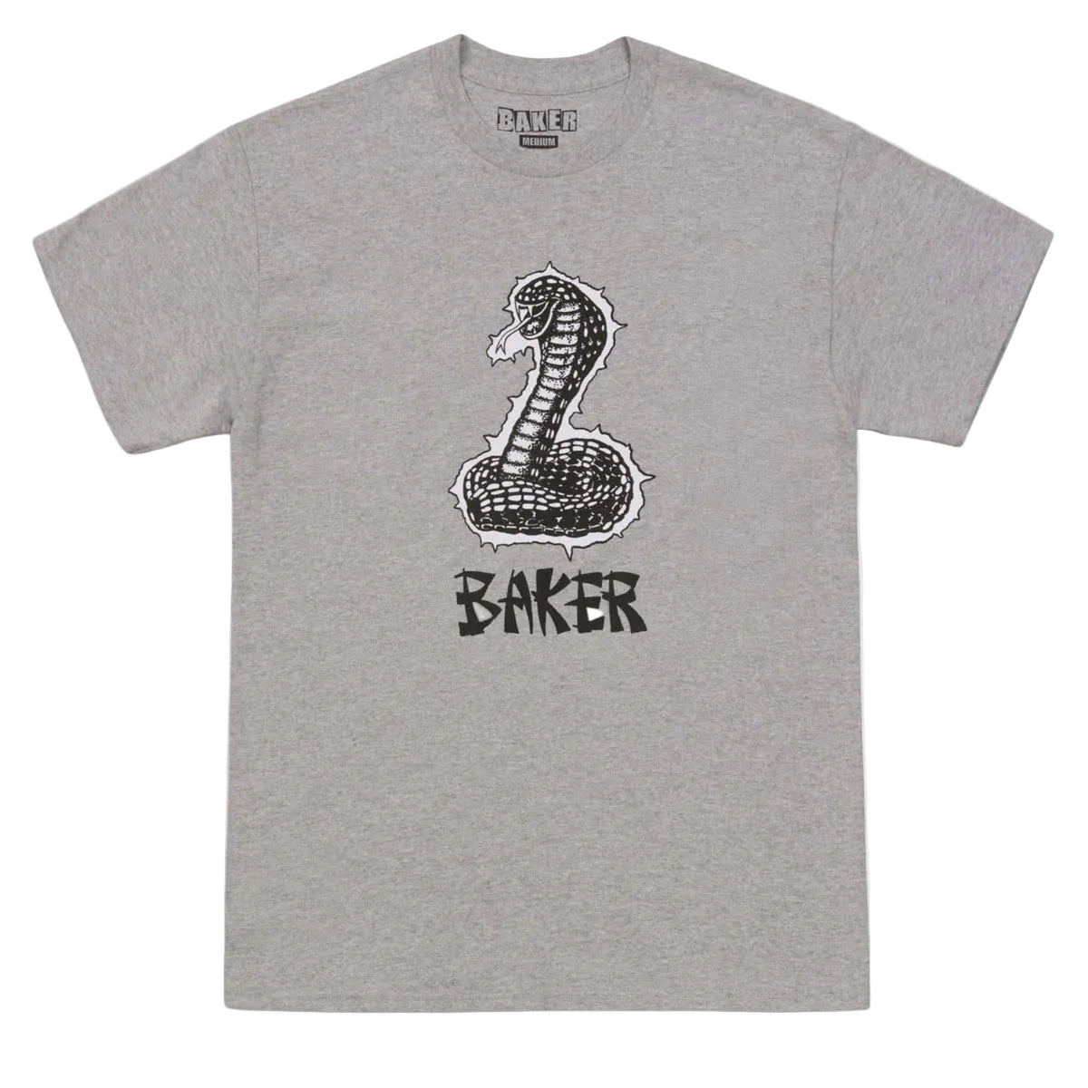 Gray t-shirt with a snake graphic and 'Baker' branding on a white background