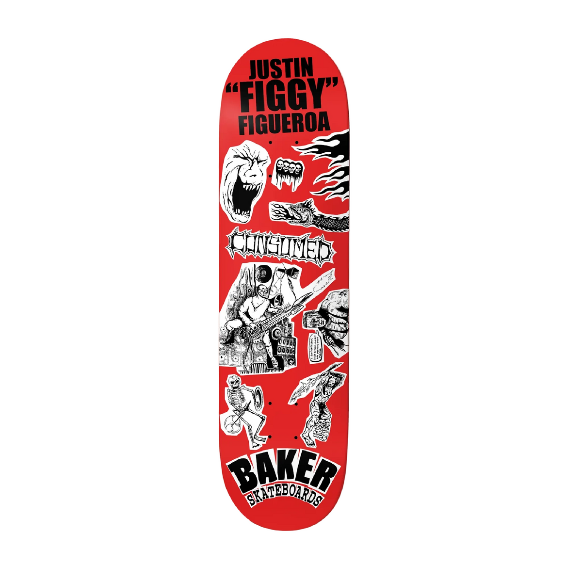 Red skateboard deck with graphics and text on a white background