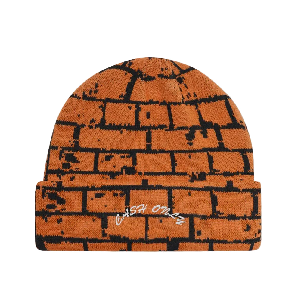 Orange beanie with black brick pattern and 'Cash Only' text on a white background