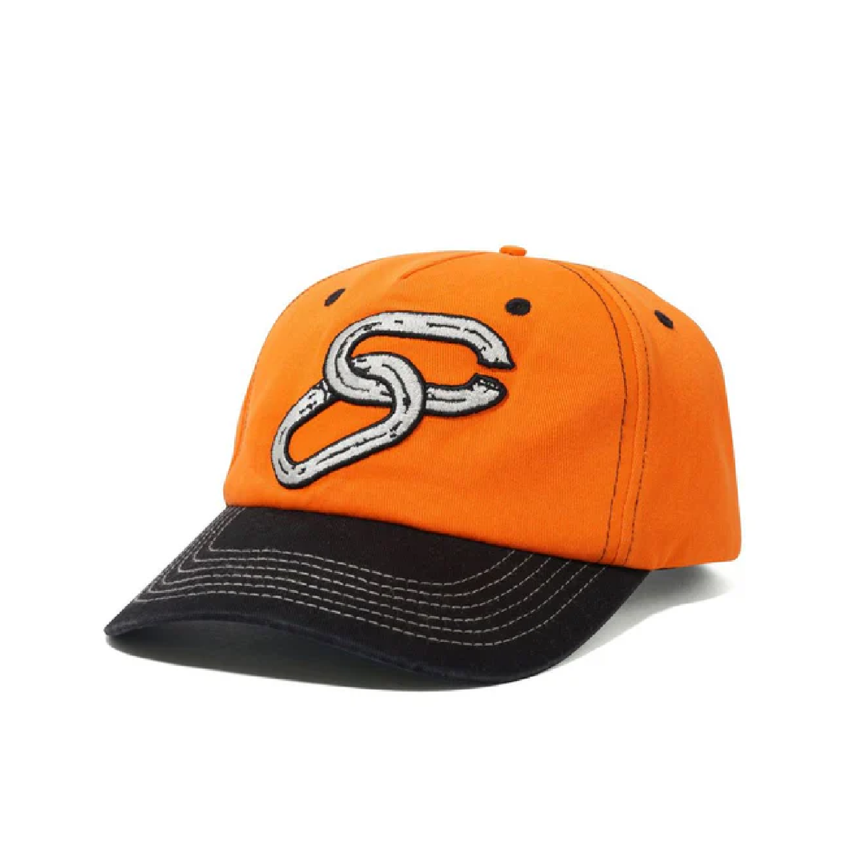 Orange and black cap with a logo on a white background