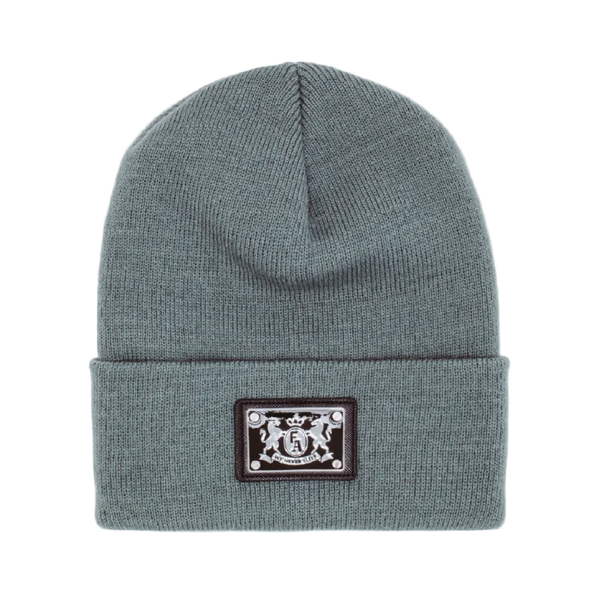 Gray beanie with a logo patch on a light gray background