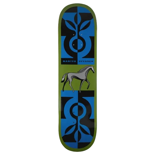 A skateboard deck featuring a symmetrical graphic design with a blue and black abstract leaf motif at the top and bottom, a gray horse in the center, and the text 'MARIUS SVYANEN' printed below the top design. The deck has an olive green border.