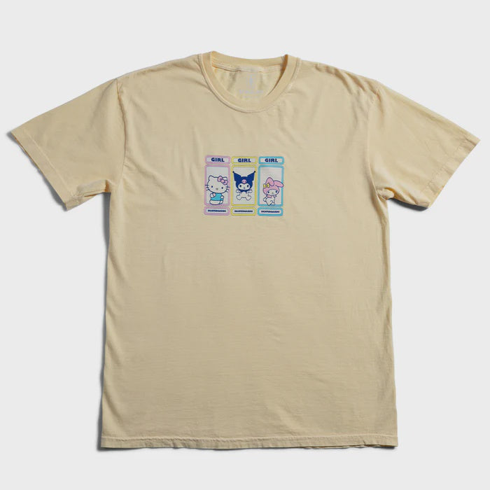 Beige t-shirt with cartoon character graphics on a white background