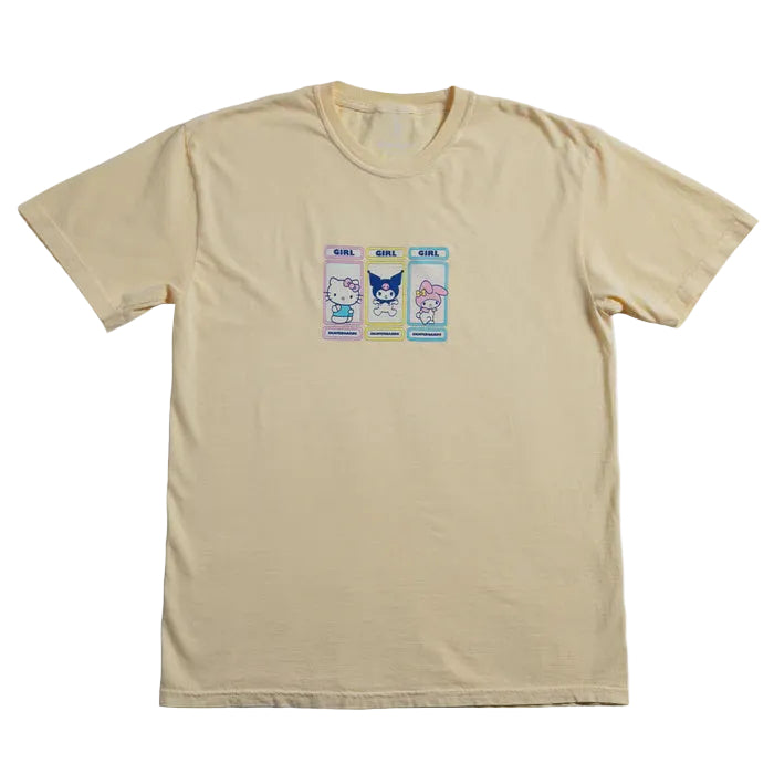 Beige t-shirt with cartoon character graphics on a white background