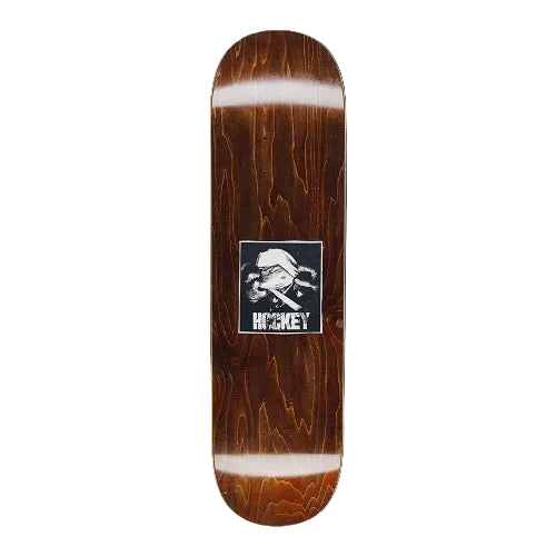 Wooden skateboard deck with a logo on a white background