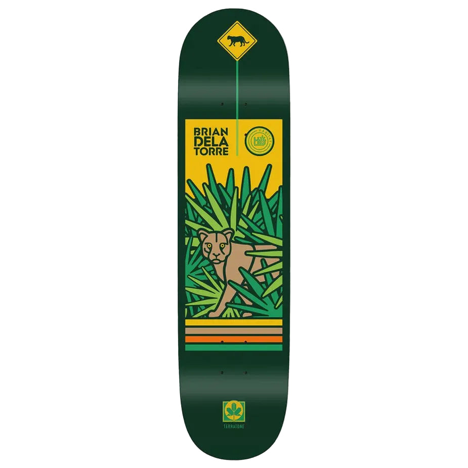 Skateboard deck with a design of a panther in the jungle and branding on a green background