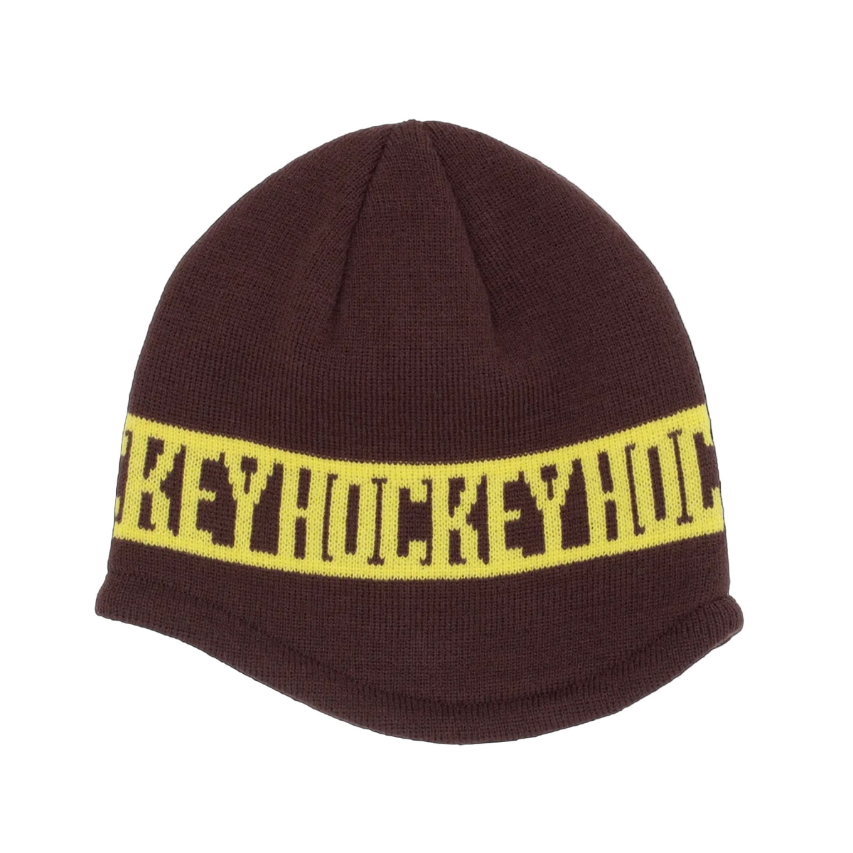 Brown beanie with yellow band featuring text on a white background