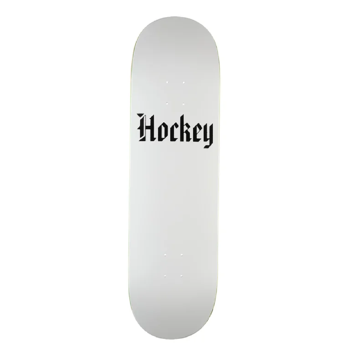 White skateboard deck with 'Hockey' logo on a white background
