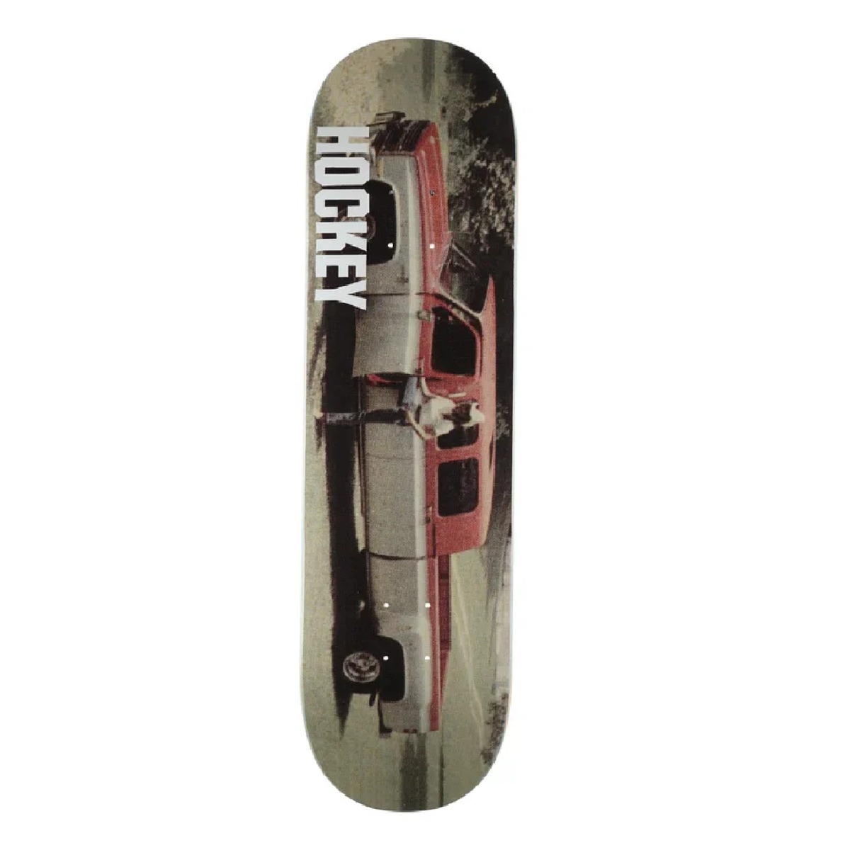 Skateboard deck with a car graphic and 'Hockey' branding on a white background