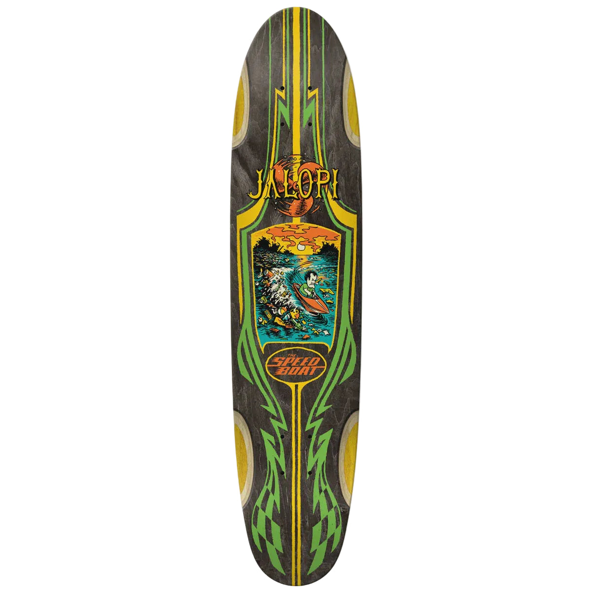 Skateboard deck with colorful design and 'Jalopi' branding on a white background