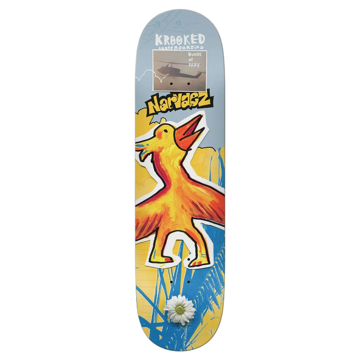 Skateboard deck with colorful design and 'Krooked' branding on a white background
