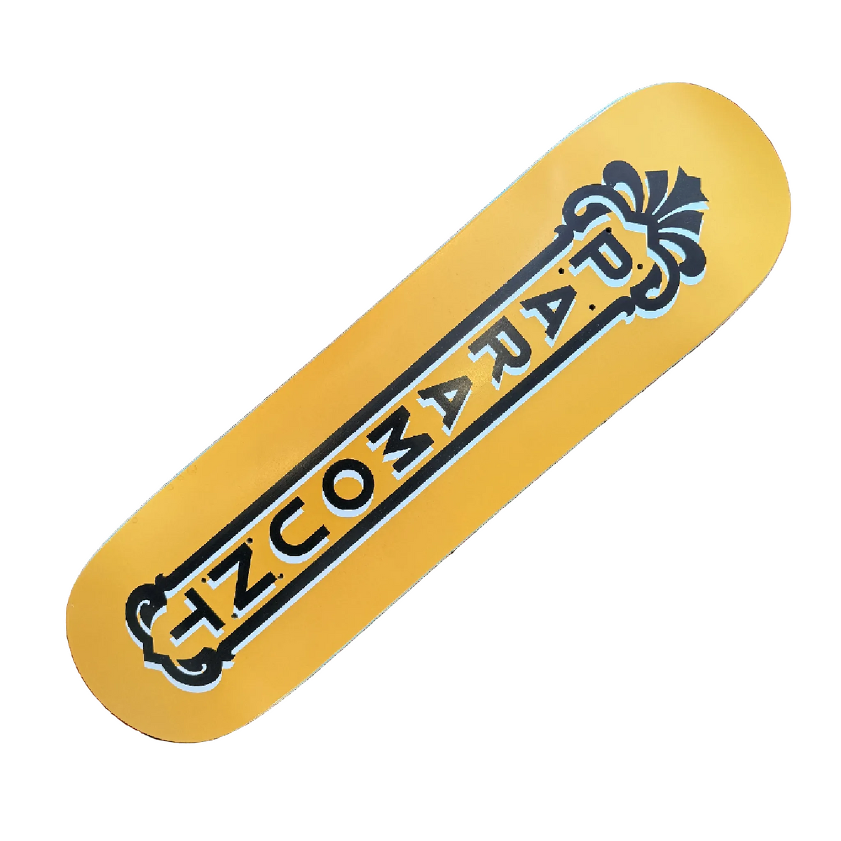 A yellow skateboard deck with a black and white 'PARAMOUNT' graphic printed diagonally across the top surface, shown on a plain white background.