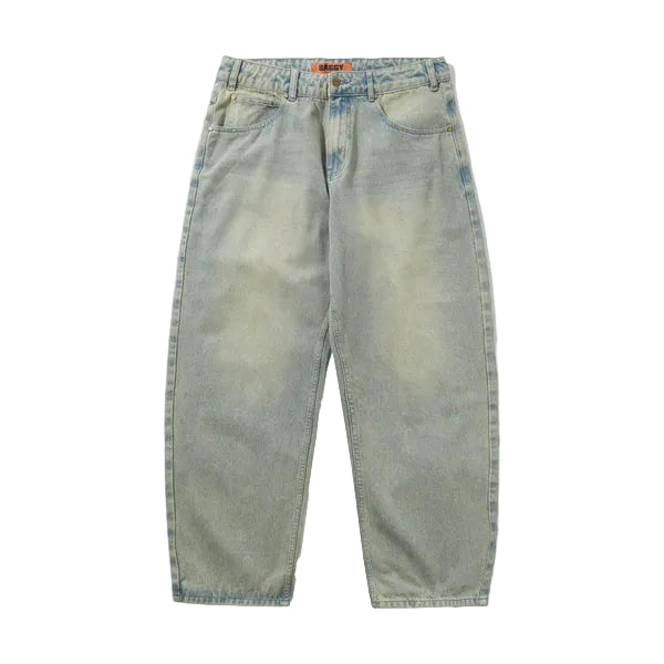 Light blue denim jeans on a white background