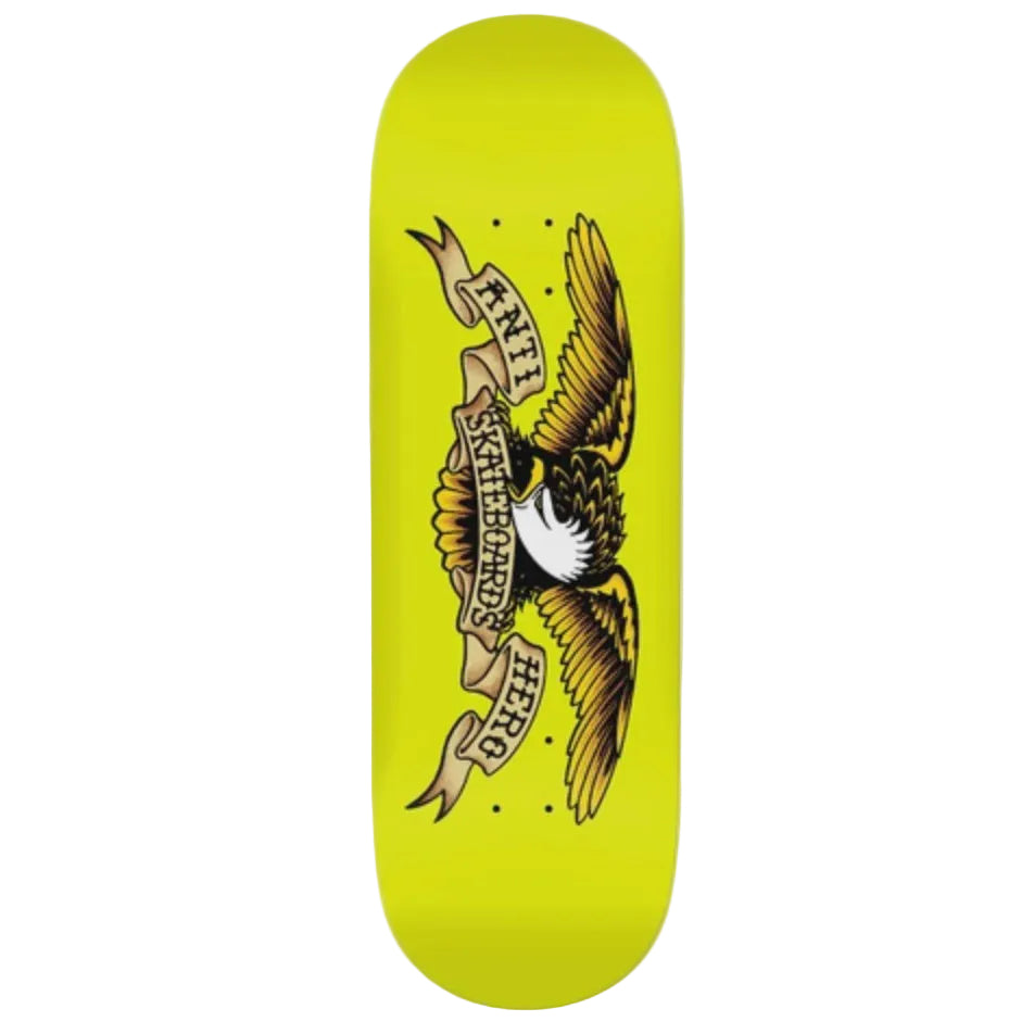 Skateboard deck with eagle design and text on a yellow background