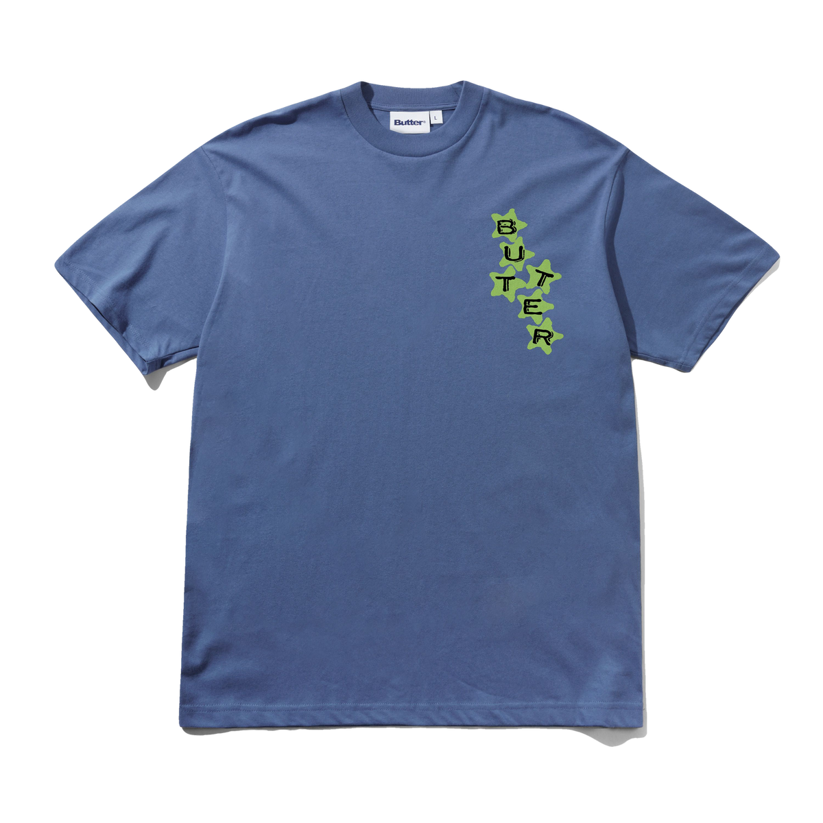 Blue t-shirt with 'BUTER' logo on a white background