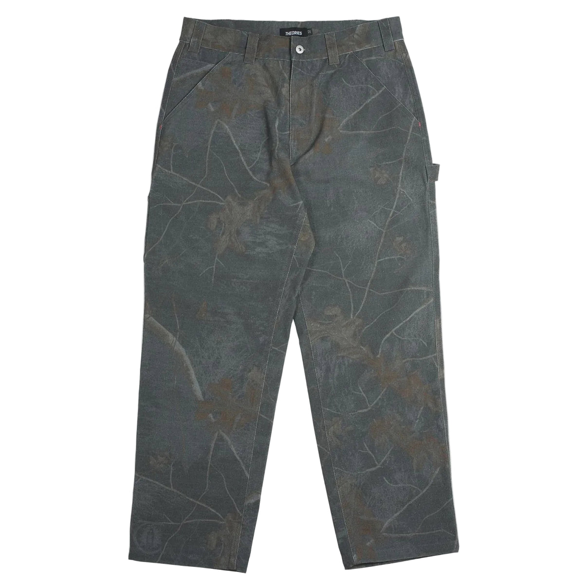 Dark gray pants with leaf pattern on a light gray background