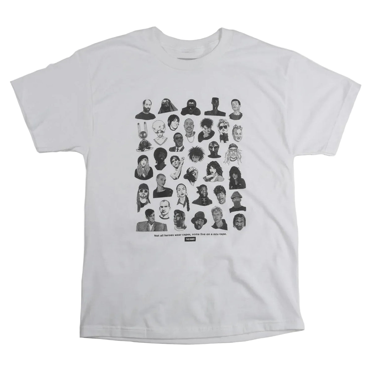 Gray t-shirt with black graphic design of various faces on a white background