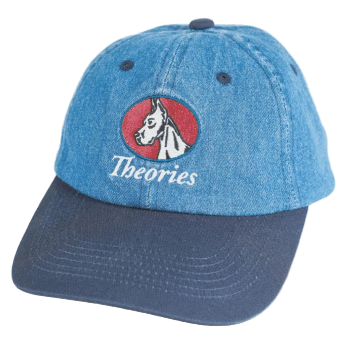 Blue cap with horse logo and 'Theories' text on a white background