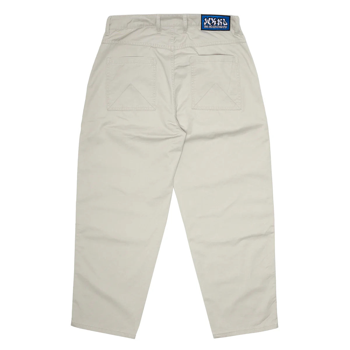 Beige pants with a brand label on a white background