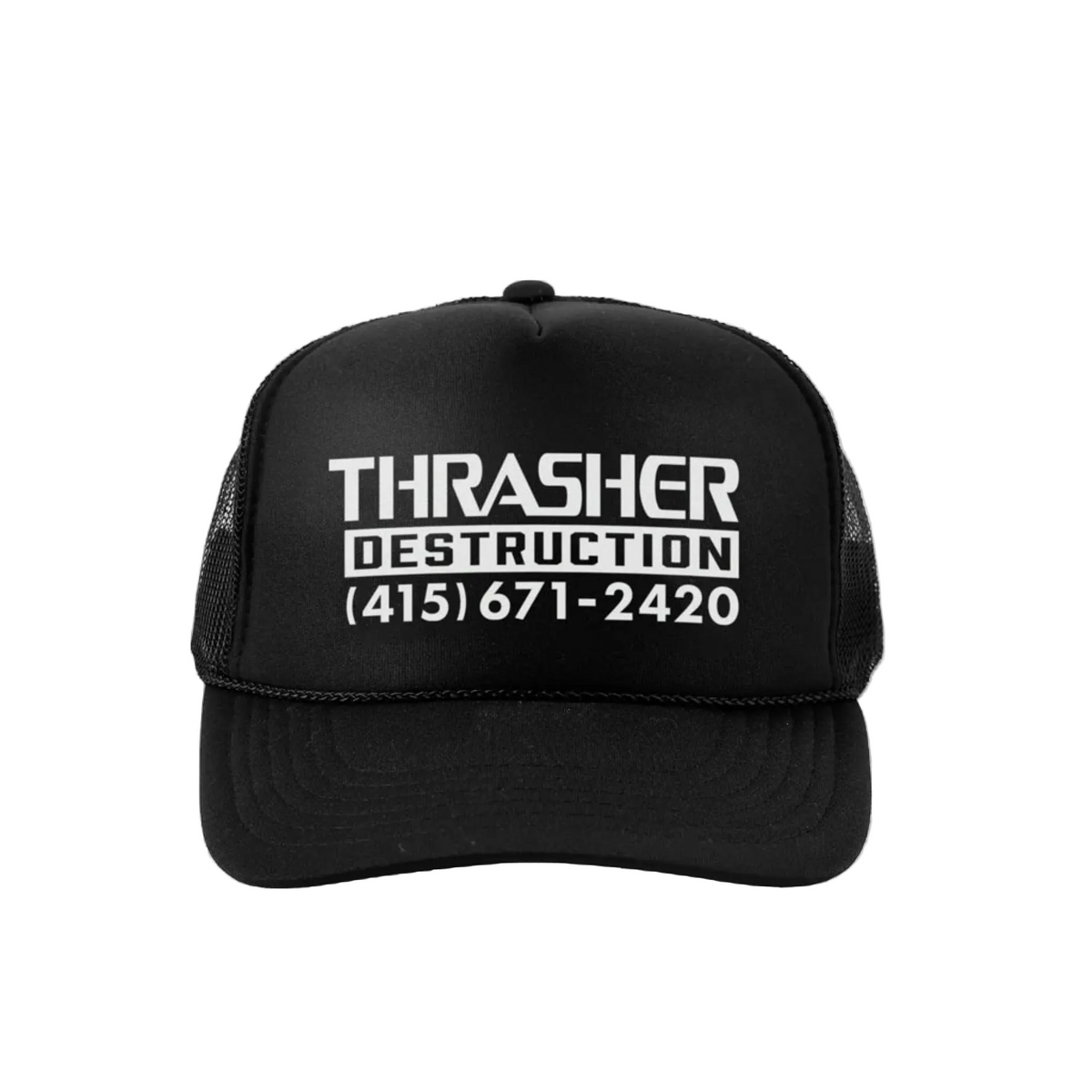 Black trucker cap with white text on a light gray background