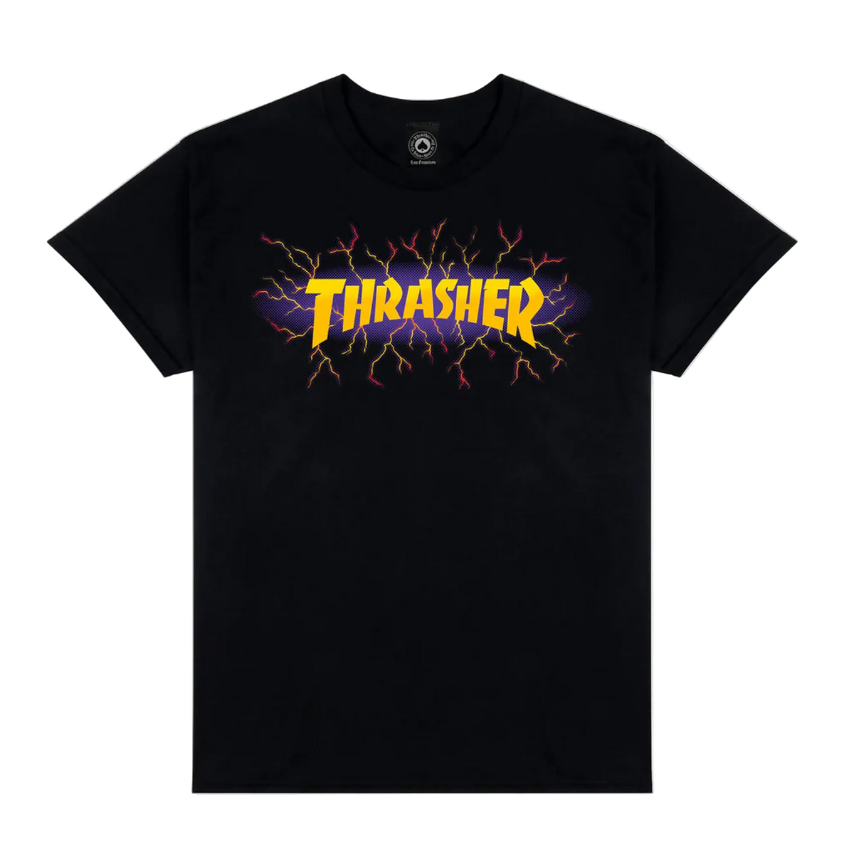 Black t-shirt with 'Thrasher' logo on a white background