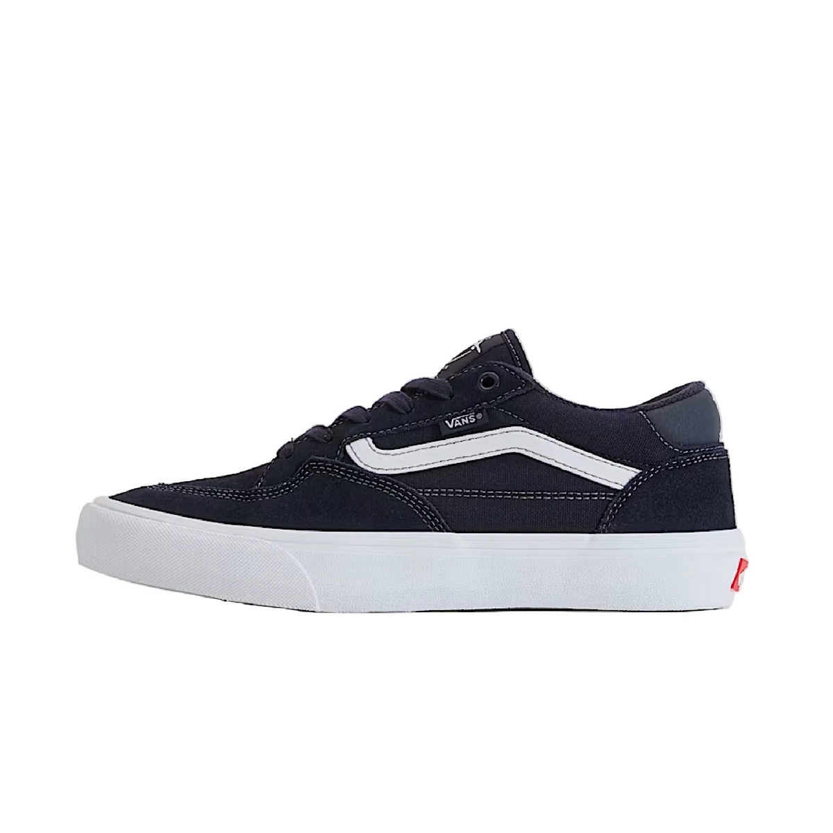 Navy blue sneaker with white sole on a beige background