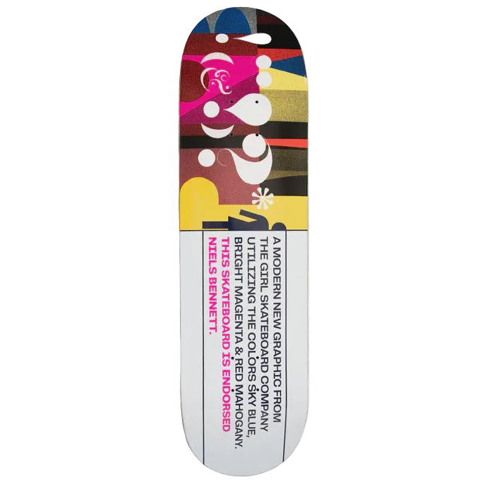 Colorful skateboard deck with graphic design on a white background