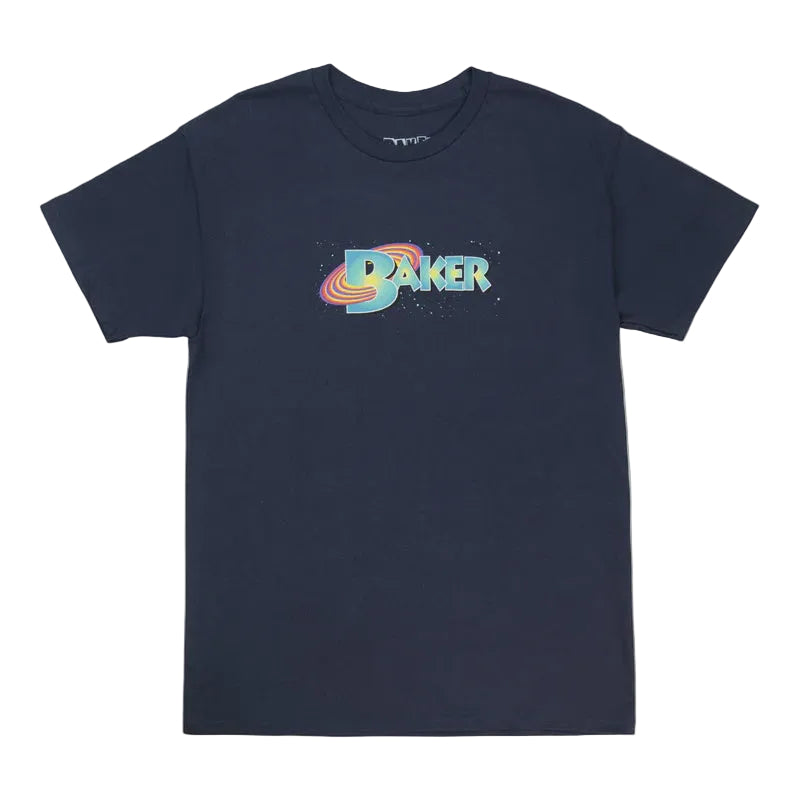 Navy blue t-shirt with colorful 'Baker' logo on a light gray background
