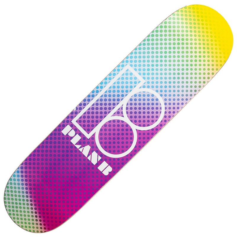 Colorful skateboard deck with a gradient pattern and brand logo on a white background