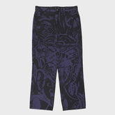 Dark blue pants with a pattern on a light gray background