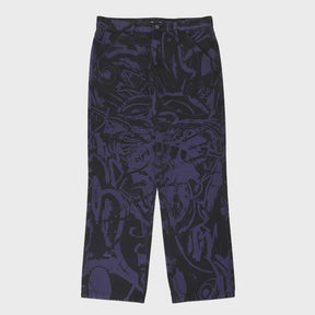 Dark blue pants with a pattern on a light gray background