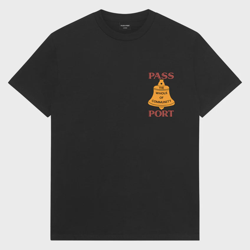 Black t-shirt with a logo and text on a white background