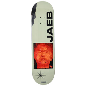 Skateboard deck with a red face design and 'JAEB' branding on a white background