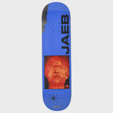 Blue skateboard deck with a red and black graphic and 'JAEB' branding on a white background