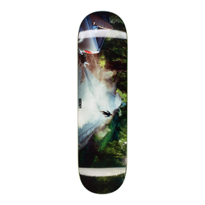 A skateboard deck featuring a photographic art print of a waterfall and forest, shown vertically against a plain white background.