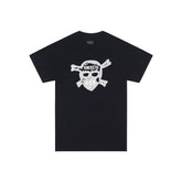 A black short-sleeve t-shirt with a distressed white graphic of a hockey skull and crossbones on the chest, displayed against a solid black background.