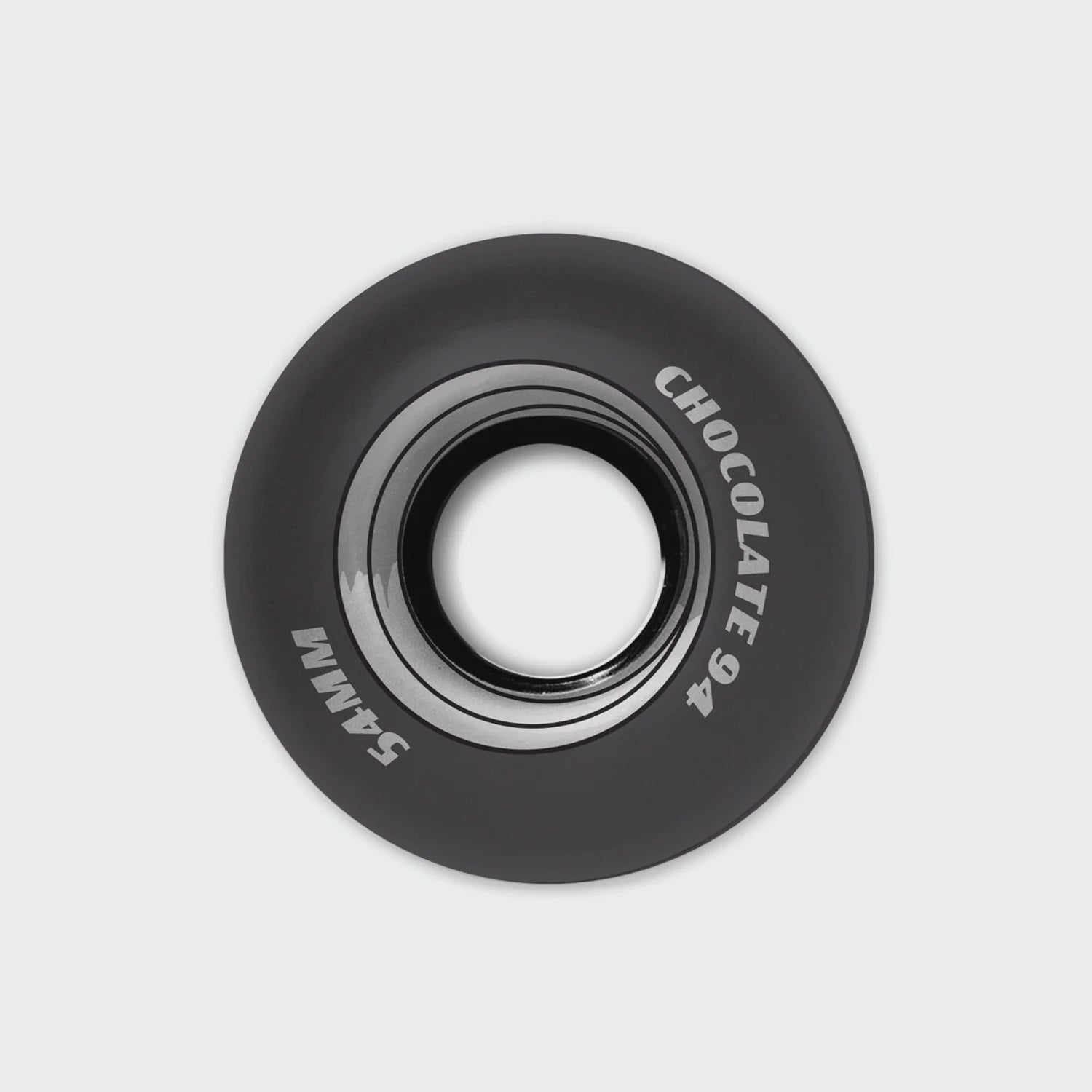 Black skateboard wheel with 'Chocolate' and '51mm' branding on a light gray background