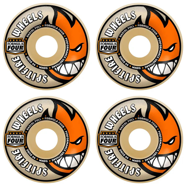 Four skateboard wheels with orange and black design on a white background