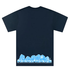 A dark navy blue short-sleeve t-shirt with a light blue graphic at the bottom that reads 'BRONZE HARDWARE' over a stylized mountain range, shown on a plain white background.