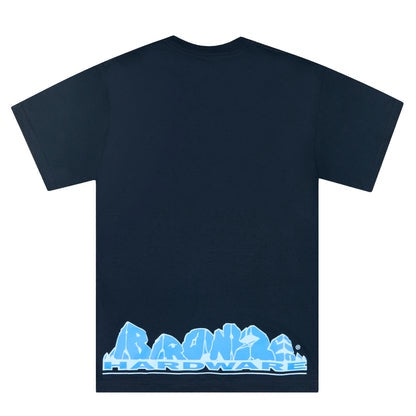 A dark navy blue short-sleeve t-shirt with a light blue graphic at the bottom that reads 'BRONZE HARDWARE' over a stylized mountain range, shown on a plain white background.